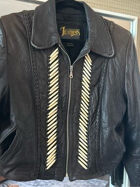 Diamond Leathers Vtg Womens Black Soft  Leather  Bone beaded Jacket Size 16